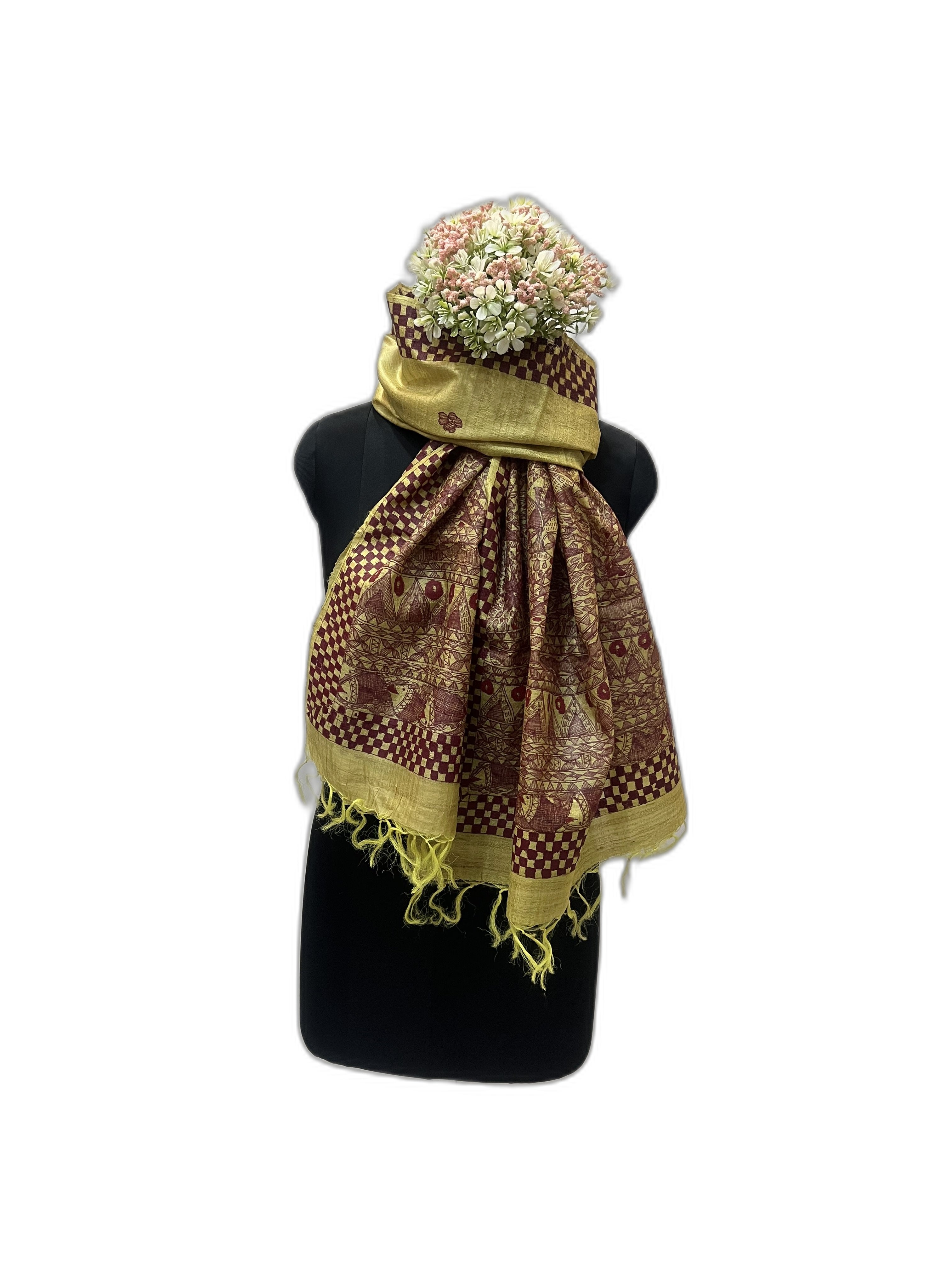 Desi Tussar Silk Stole in Yellow with Handpainted Madhubani